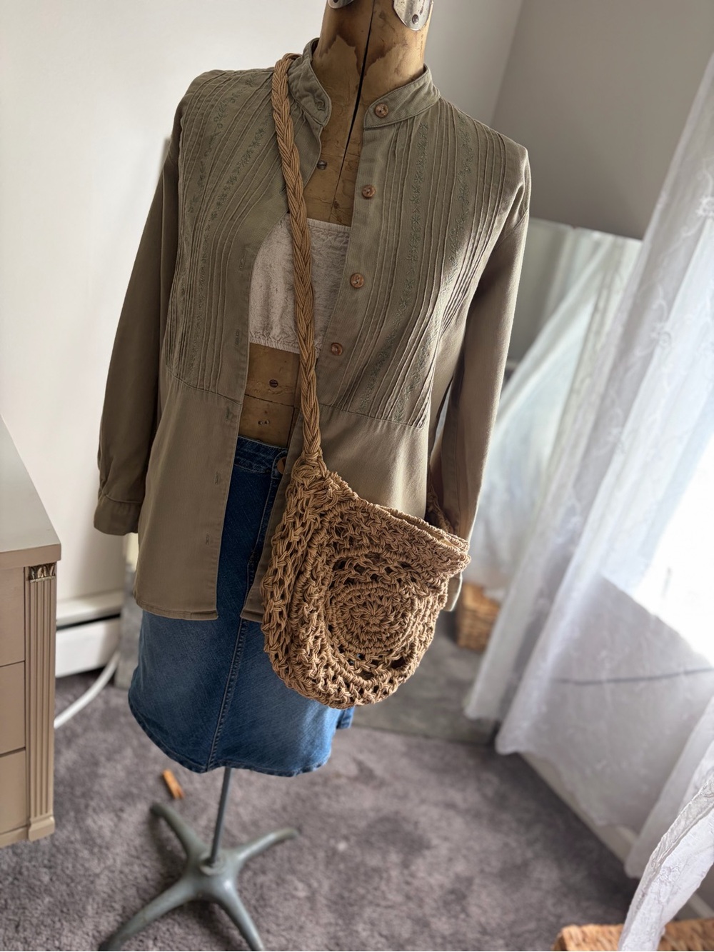 Vintage Olive Green Embroidered Button-Front Jacket/Top